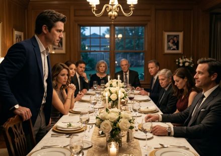 An aerospace engineer stands beside a family dinner table as his angry wife demands an apology to her brother in front of shocked relatives.