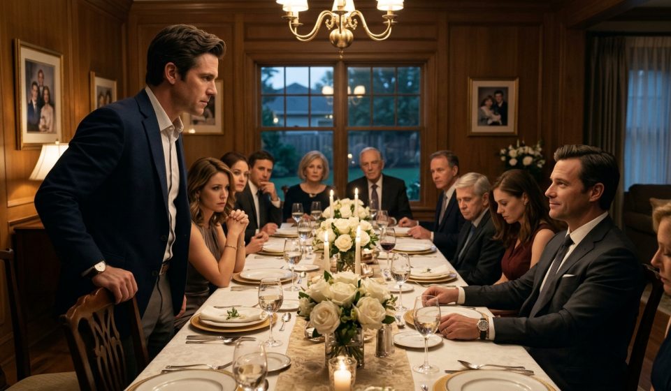 An aerospace engineer stands beside a family dinner table as his angry wife demands an apology to her brother in front of shocked relatives.