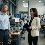 A senior engineer faces the CEO's daughter as she publicly dismisses him inside a modern laboratory while his engineering team watches in silence.