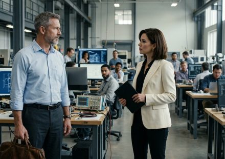 A senior engineer faces the CEO's daughter as she publicly dismisses him inside a modern laboratory while his engineering team watches in silence.