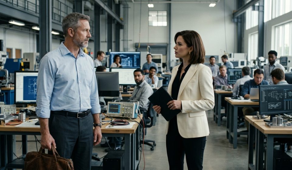 A senior engineer faces the CEO's daughter as she publicly dismisses him inside a modern laboratory while his engineering team watches in silence.