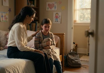 A concerned mother comforts her nine-year-old daughter on a bedroom bed after the child comes home crying from school following a teacher's cruel remark.