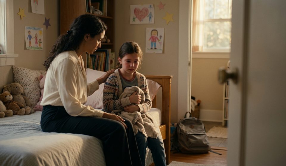 A concerned mother comforts her nine-year-old daughter on a bedroom bed after the child comes home crying from school following a teacher's cruel remark.