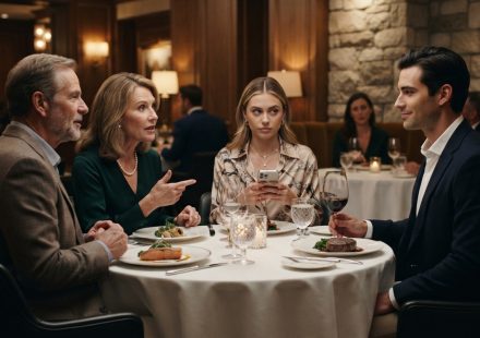 Family discussing the sister moving into her brother's apartment during dinner at an upscale restaurant