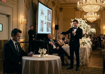A 36-year-old man sits calmly at a luxurious wedding reception while his brother mocks him with a microphone and wealthy guests laugh at a humiliating presentation.