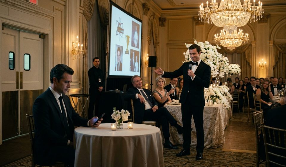 A 36-year-old man sits calmly at a luxurious wedding reception while his brother mocks him with a microphone and wealthy guests laugh at a humiliating presentation.