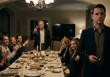A man holding a black USB drive stands beside a family reunion dinner table while his father raises a wine glass and relatives celebrate around him.