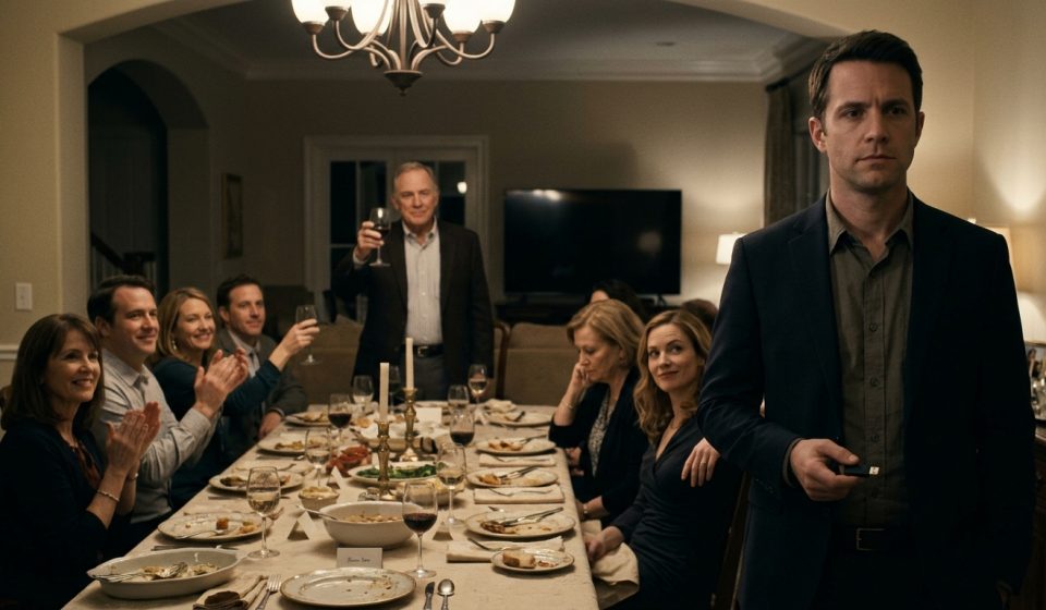 A man holding a black USB drive stands beside a family reunion dinner table while his father raises a wine glass and relatives celebrate around him.