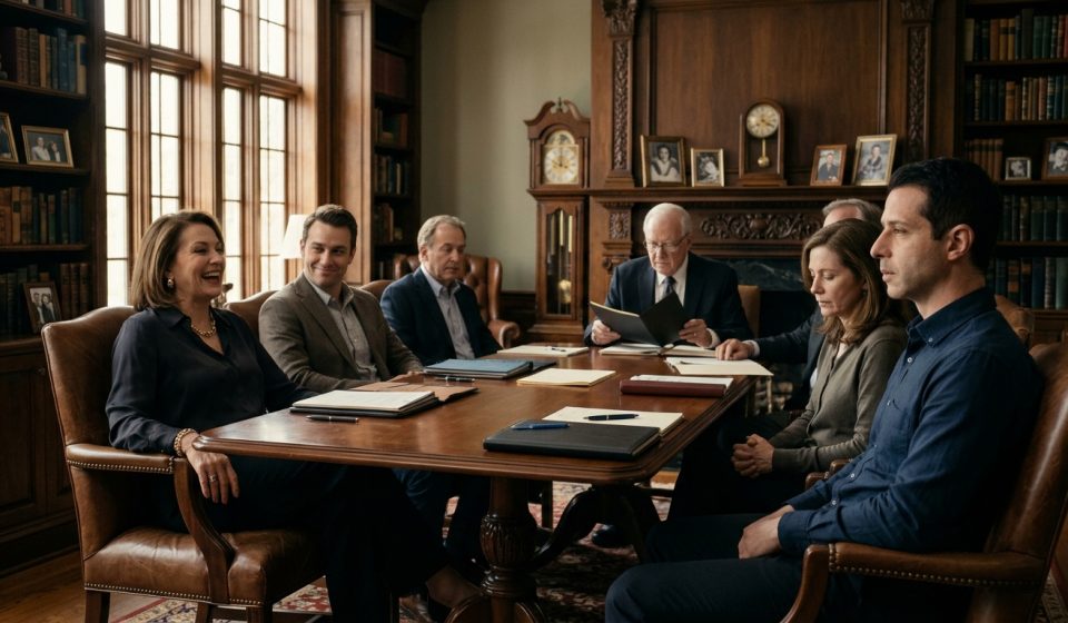 At the Reading of the Will, Oliver watches his aunt laugh confidently about inheriting Grandpa Arthur's house while his mother sits silently.