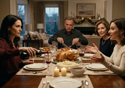Claire calmly pours red wine at Thanksgiving dinner while her sister announces plans to move into Claire's beach house without permission.