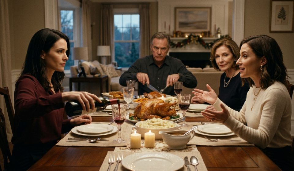 Claire calmly pours red wine at Thanksgiving dinner while her sister announces plans to move into Claire's beach house without permission.