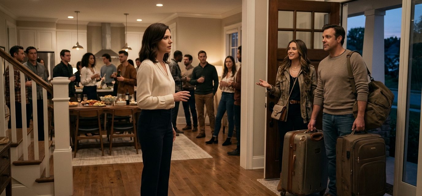 A shocked woman confronts her younger sister and brother-in-law carrying suitcases into her new home during a housewarming party.
