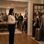 A shocked woman confronts her younger sister and brother-in-law carrying suitcases into her new home during a housewarming party.