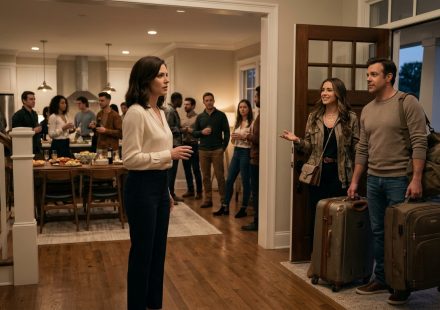 A shocked woman confronts her younger sister and brother-in-law carrying suitcases into her new home during a housewarming party.