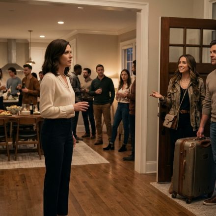 A shocked woman confronts her younger sister and brother-in-law carrying suitcases into her new home during a housewarming party.