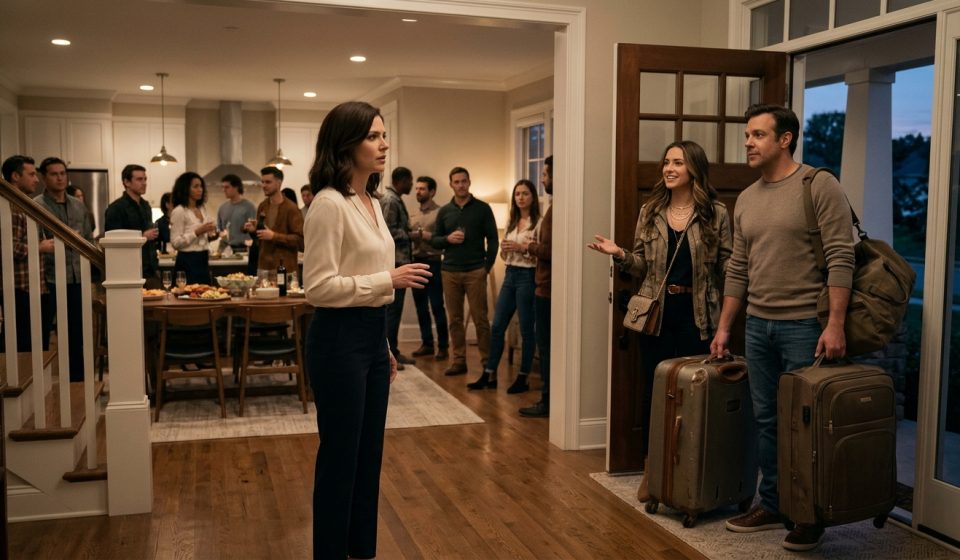 A shocked woman confronts her younger sister and brother-in-law carrying suitcases into her new home during a housewarming party.