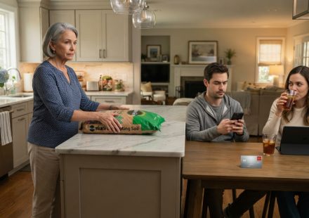 Crystal holding a heavy bag of potting soil while her son looks at his phone and his wife sits beside her silver debit card.