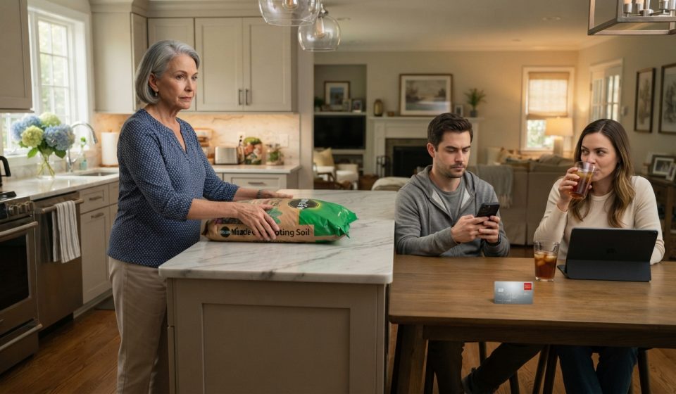 Crystal holding a heavy bag of potting soil while her son looks at his phone and his wife sits beside her silver debit card.