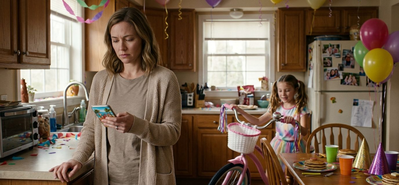 Single mother discovering her family's Miami vacation on her daughter's tenth birthday while the child waits beside handmade party hats and a pink bicycle.
