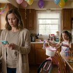 Single mother discovering her family's Miami vacation on her daughter's tenth birthday while the child waits beside handmade party hats and a pink bicycle.