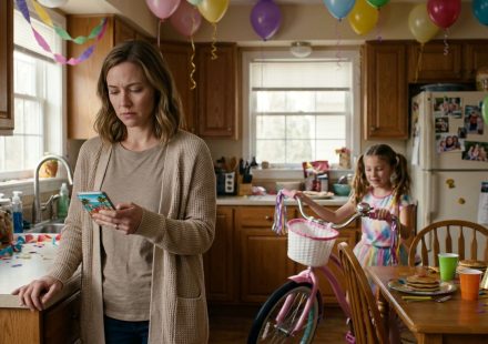 Single mother discovering her family's Miami vacation on her daughter's tenth birthday while the child waits beside handmade party hats and a pink bicycle.