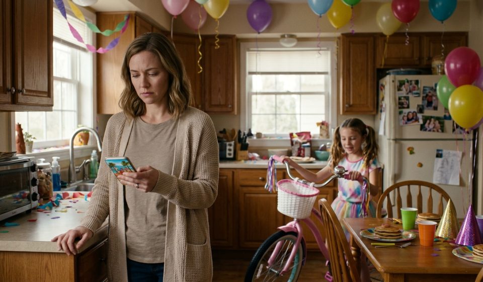 Single mother discovering her family's Miami vacation on her daughter's tenth birthday while the child waits beside handmade party hats and a pink bicycle.