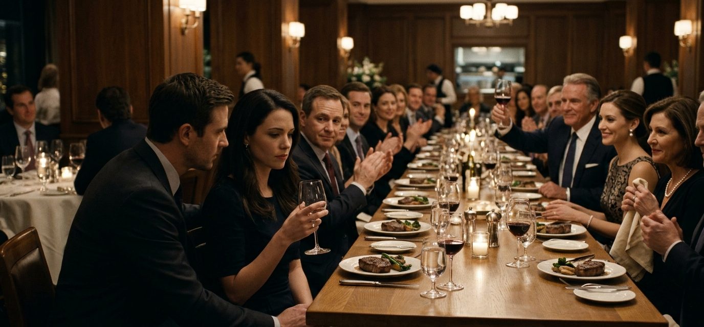 A father raises his wine glass during a tense restaurant dinner while his daughter Lauren sits beside her supportive husband, visibly hurt by the public humiliation.