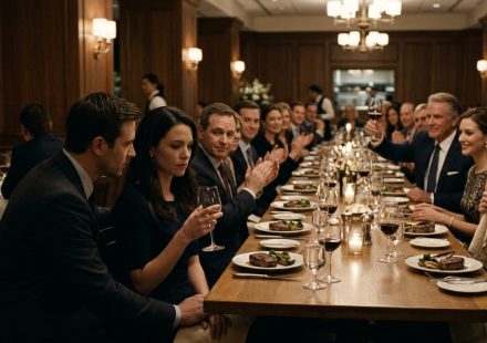 A father raises his wine glass during a tense restaurant dinner while his daughter Lauren sits beside her supportive husband, visibly hurt by the public humiliation.