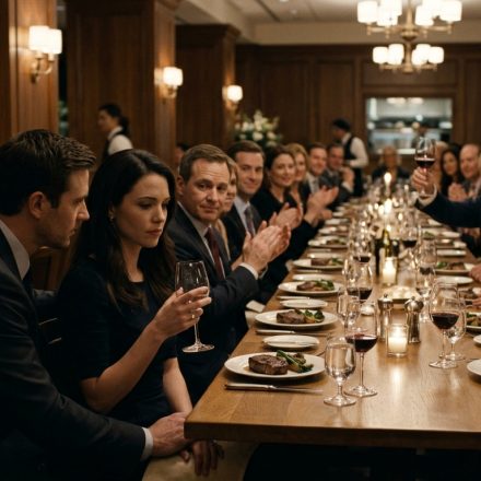 A father raises his wine glass during a tense restaurant dinner while his daughter Lauren sits beside her supportive husband, visibly hurt by the public humiliation.