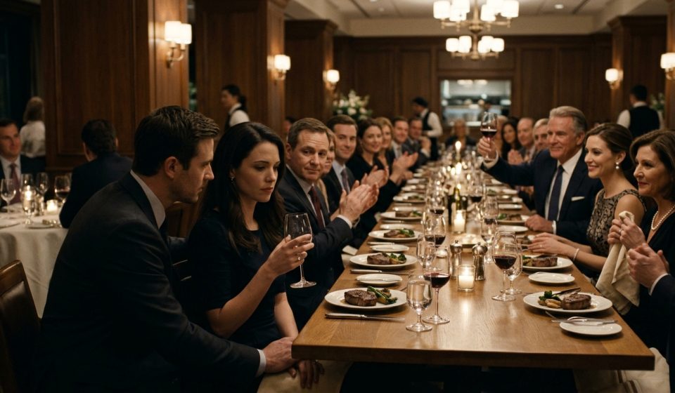 A father raises his wine glass during a tense restaurant dinner while his daughter Lauren sits beside her supportive husband, visibly hurt by the public humiliation.