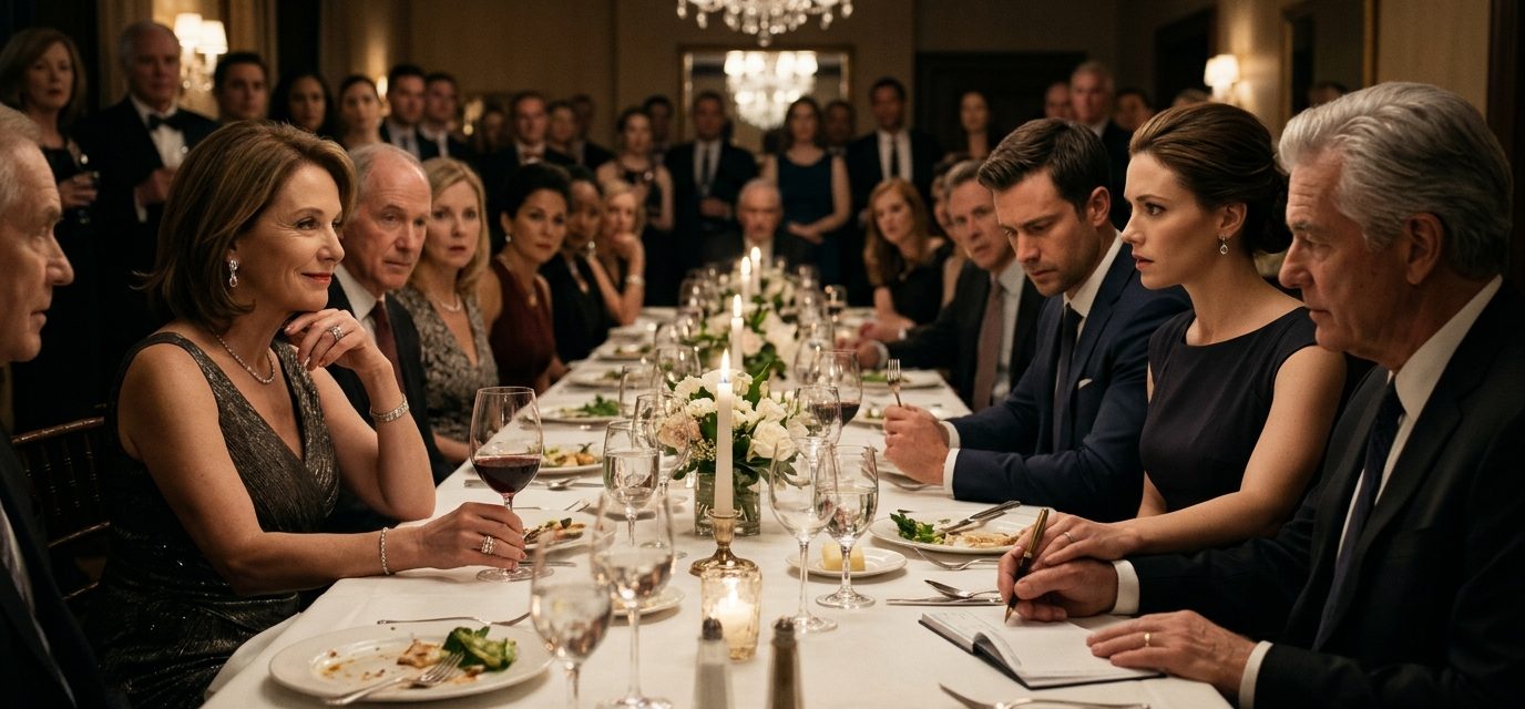Vanessa reacts in disbelief at her rehearsal dinner while her future mother-in-law announces unexpected wedding guests and her father holds a checkbook.