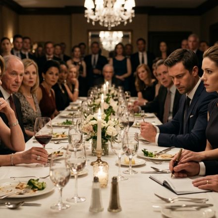 Vanessa reacts in disbelief at her rehearsal dinner while her future mother-in-law announces unexpected wedding guests and her father holds a checkbook.