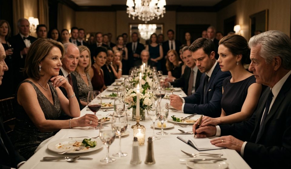 Vanessa reacts in disbelief at her rehearsal dinner while her future mother-in-law announces unexpected wedding guests and her father holds a checkbook.