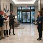Sarah calmly faces her angry father and family in the lobby as they try to have her removed from her apartment.
