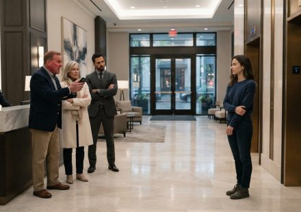 Sarah calmly faces her angry father and family in the lobby as they try to have her removed from her apartment.