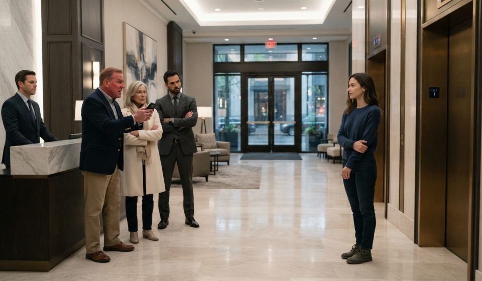 Sarah calmly faces her angry father and family in the lobby as they try to have her removed from her apartment.