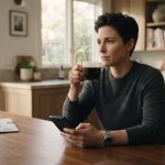 Woman calmly drinking coffee in her own kitchen while her mother tells her over the phone that she must leave the house.