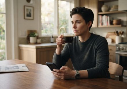 Woman calmly drinking coffee in her own kitchen while her mother tells her over the phone that she must leave the house.