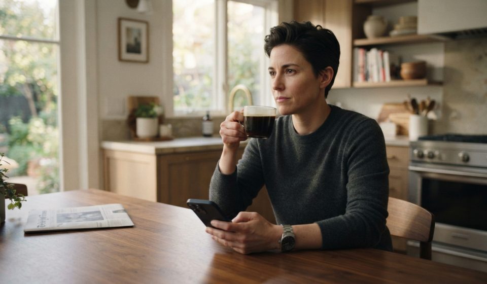 Woman calmly drinking coffee in her own kitchen while her mother tells her over the phone that she must leave the house.