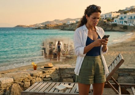 Marin reading a shocking message on a beach in Greece after learning her mother gave her apartment keys to her sister.