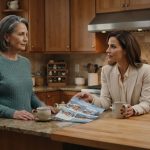 Bianca calmly facing her daughter across the kitchen counter as Sarah presents an expensive vacation lodge plan.