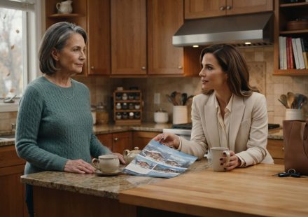 Bianca calmly facing her daughter across the kitchen counter as Sarah presents an expensive vacation lodge plan.