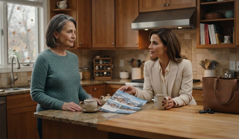 Bianca calmly facing her daughter across the kitchen counter as Sarah presents an expensive vacation lodge plan.