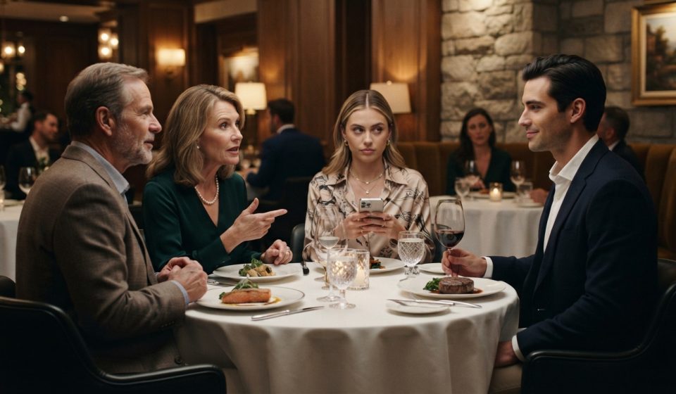Family discussing the sister moving into her brother's apartment during dinner at an upscale restaurant