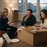 A widowed mother reaching for an accidentally dropped bank statement as her daughter-in-law notices it during a housewarming visit.