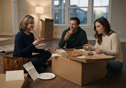 A widowed mother reaching for an accidentally dropped bank statement as her daughter-in-law notices it during a housewarming visit.