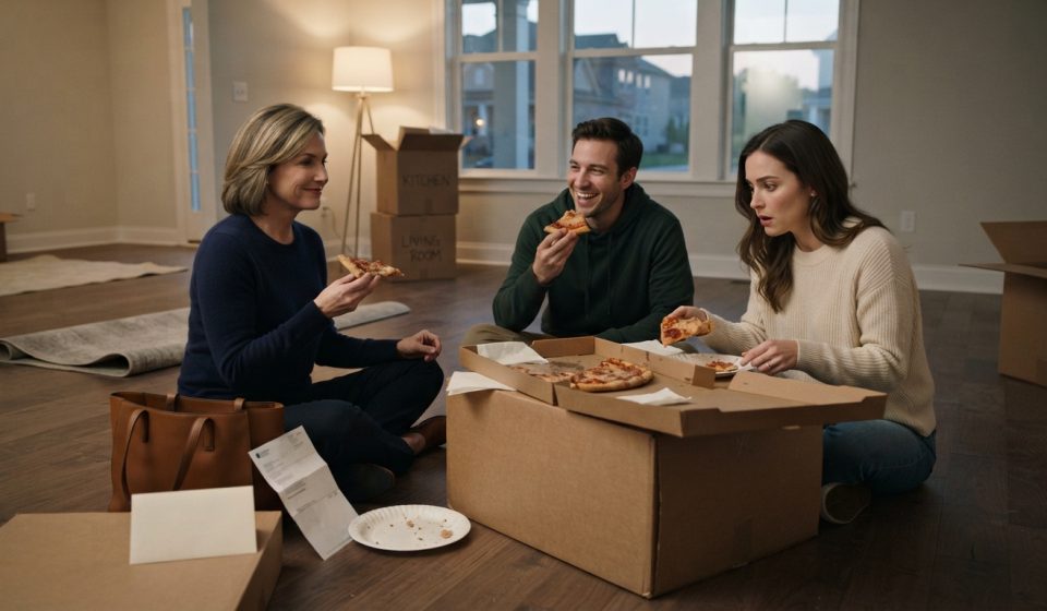 A widowed mother reaching for an accidentally dropped bank statement as her daughter-in-law notices it during a housewarming visit.