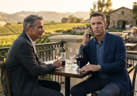 Roy sitting at a Napa Valley vineyard with a CEO moments after being fired during my vacation.