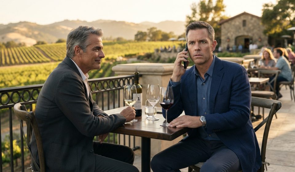 Roy sitting at a Napa Valley vineyard with a CEO moments after being fired during my vacation.