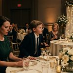 A single mother sitting beside her nine-year-old son while wedding guests laugh during an elegant reception.